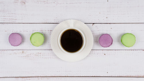 High angle view of coffee and drink on table