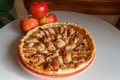 High angle view of apples in plate on table