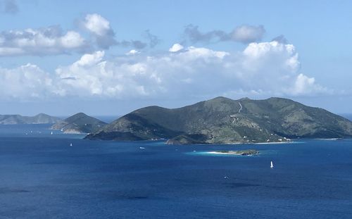 Scenic view of sea and mountains against sky