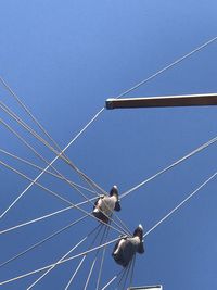 Low angle view of crane against clear blue sky