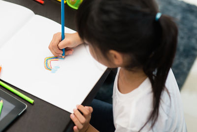 High angle view of girl making face on paper