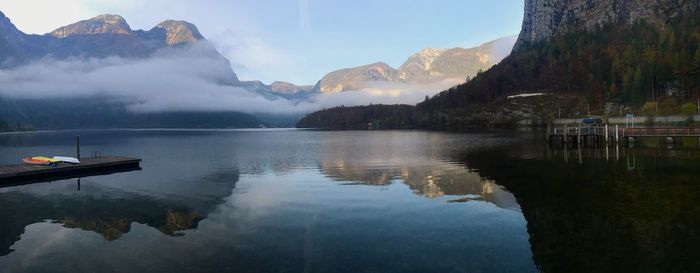 Panoramic shot of lake and mountains against sky