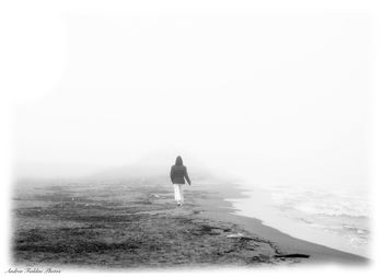 Rear view of man walking on beach against clear sky