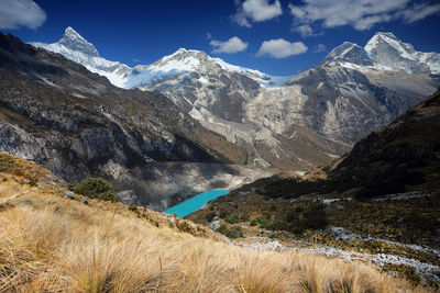 Scenic view of mountains against cloudy sky