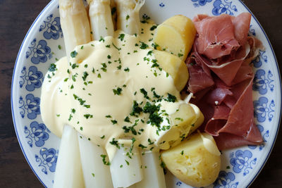 High angle view of breakfast served on table