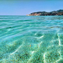 Scenic view of sea against clear blue sky