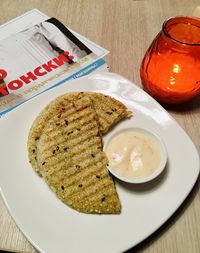 High angle view of breakfast on table