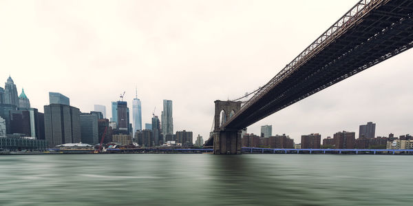 Skyscrapers by river against sky in city