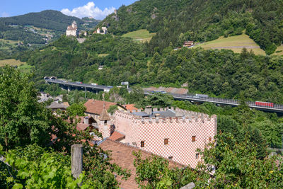 High angle view of trees and buildings