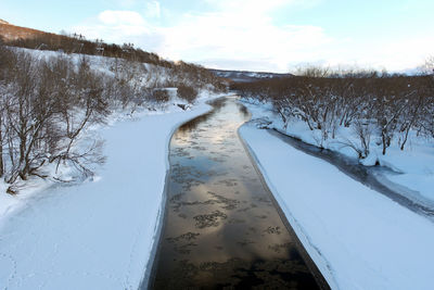 Scenic view of snow covered landscape against sky