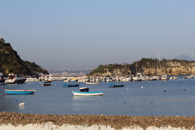 Sailboats moored in sea against clear sky