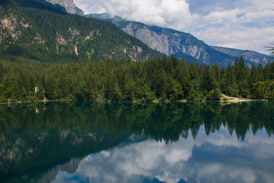 Scenic view of lake and mountains against sky