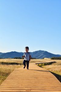 Rear view of boy standing on wood against clear sky