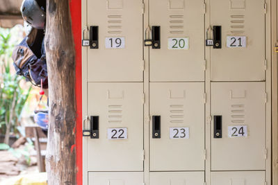 White lockers for safe storage there are numbers attached for memorization.