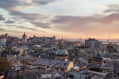 High angle view of townscape against sky during sunset