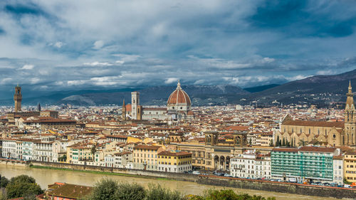 High angle view of buildings in city against cloudy sky