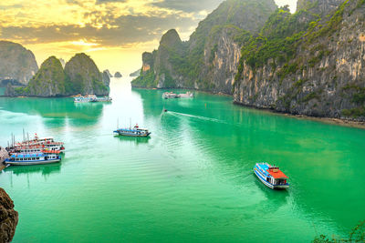 High angle view of boats on sea shore