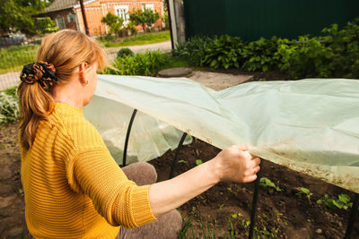 Farmer woman building low tunnel greenhouse. farmer woman constructing a low tunnel greenhouse 