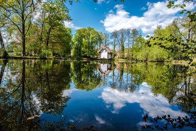 Scenic view of lake by trees against sky