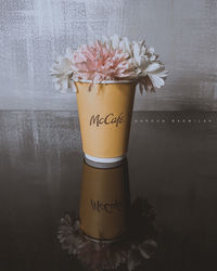 Close-up of flower on table against wall