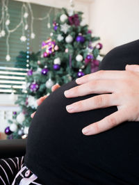 Midsection of woman holding christmas tree at home