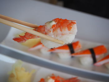 Close-up of sushi served in plate