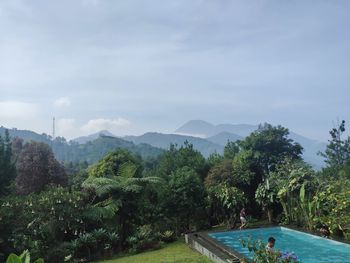 Scenic view of trees and mountains against sky