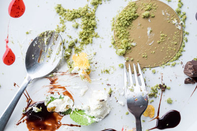 High angle view of fork and spoon on plate with dessert leftovers