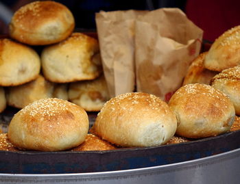 High angle view of bread on display at store