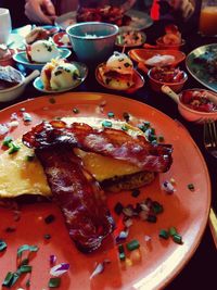 High angle view of meal served on table