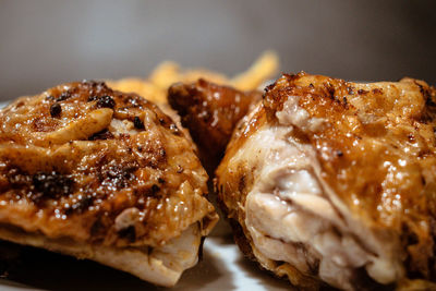 High angle view of meat in plate on table