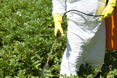 Midsection of man watering crops at farm