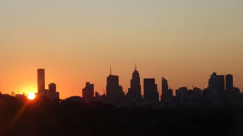 Silhouette of city at sunset