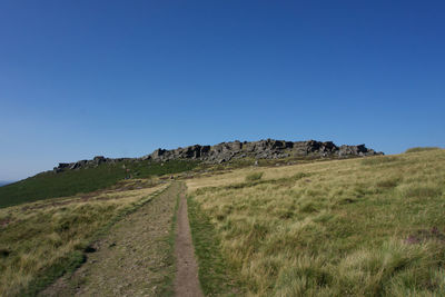 Scenic view of field against clear blue sky