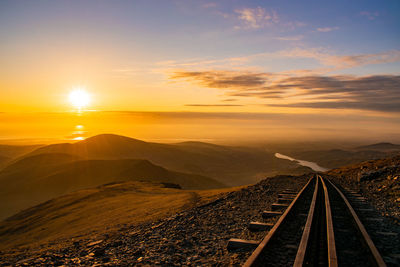 Railroad tracks against sky during sunset