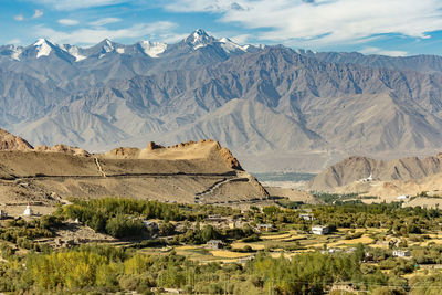 Scenic view of snowcapped mountains against cloudy sky