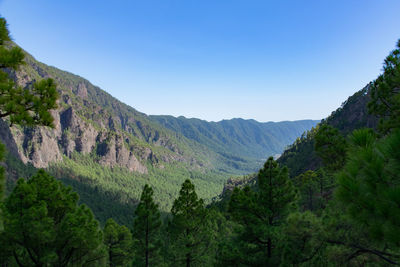 Scenic view of mountains against clear blue sky