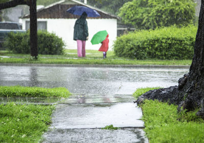 Full length of woman with umbrella in rain during rainy season