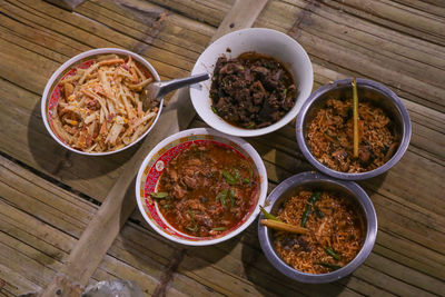 High angle view of food served on table