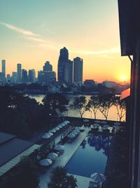 City at waterfront during sunset