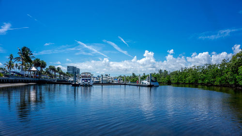 Scenic view of river against blue sky