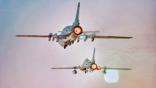 Squadron of sukhoi su22 m4 and su22 um3k take off in sunset afternoon