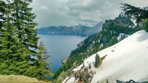 Scenic view of lake by mountains against sky