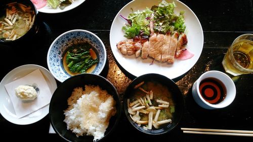 High angle view of meal served on table