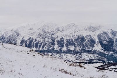 Scenic view of snow covered mountains against sky