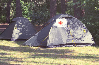Tent on field by trees in forest