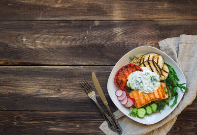 High angle view of breakfast on table