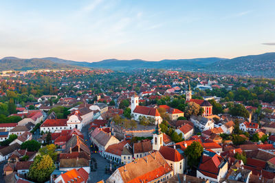 Szentendre, hungary the city of arts from birds eye view. aerial cityscape