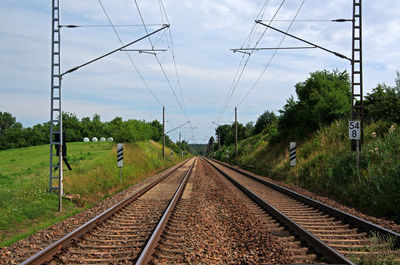 Railroad tracks amidst trees against sky