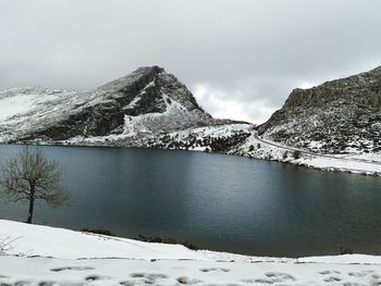 Scenic view of snowcapped mountains by lake against sky